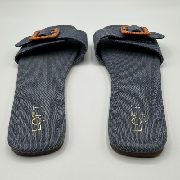 LOFT Outlet Blue Fabric Slides Flat Sandals Slip On with Brown Buckle Womens 10M - Picture 3 of 9